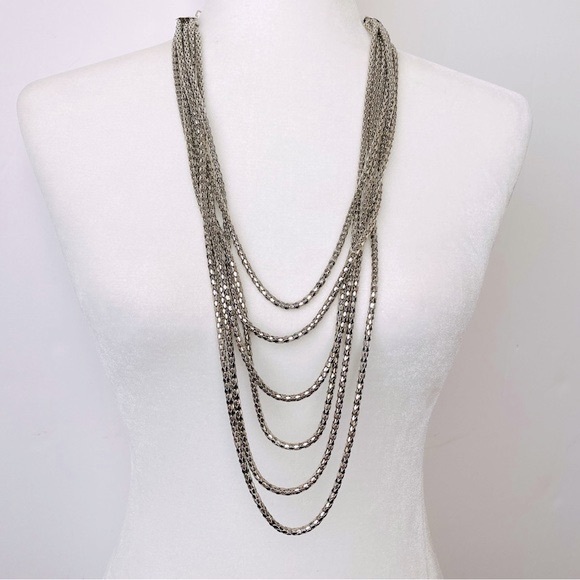 Chico’s Six Strand Multi Layered Silver Tone Necklace - Picture 1 of 11